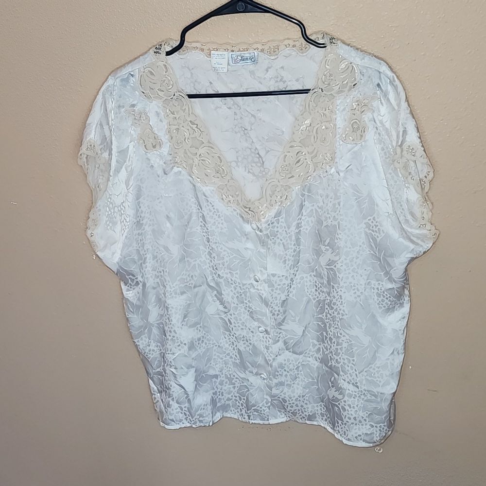 Vintage Etienne Ivory Floral Lace Chemise Pajama Shirt Blouse Soft Large